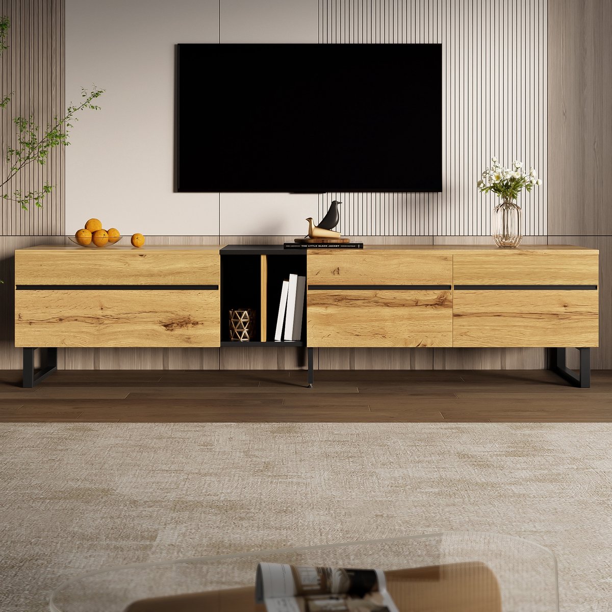 Sweiko PHOEBE CAT TV-kast - Open plank - Dubbele deuren - Houtnerf - Natuurlijke