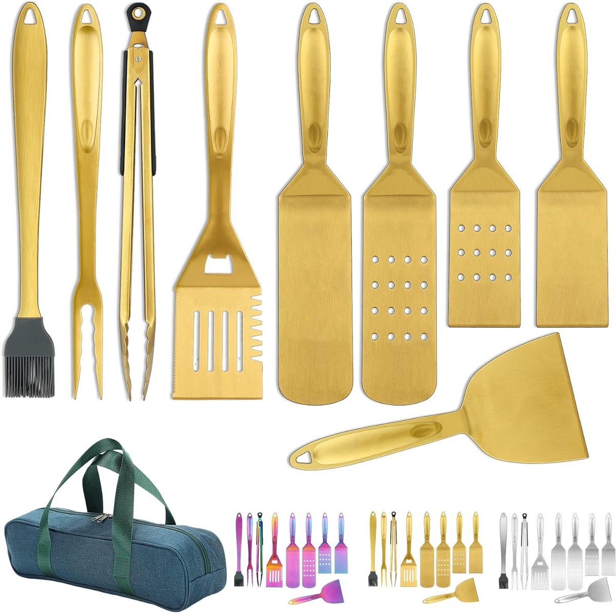 Cosensi - Gouden Grill Accessoires Set 9-Delig voor Buiten BBQ - Titanium Plating Roestvrij Staal - Hittebestendig - Bakelieten Handvat - BBQ Accessoires Set