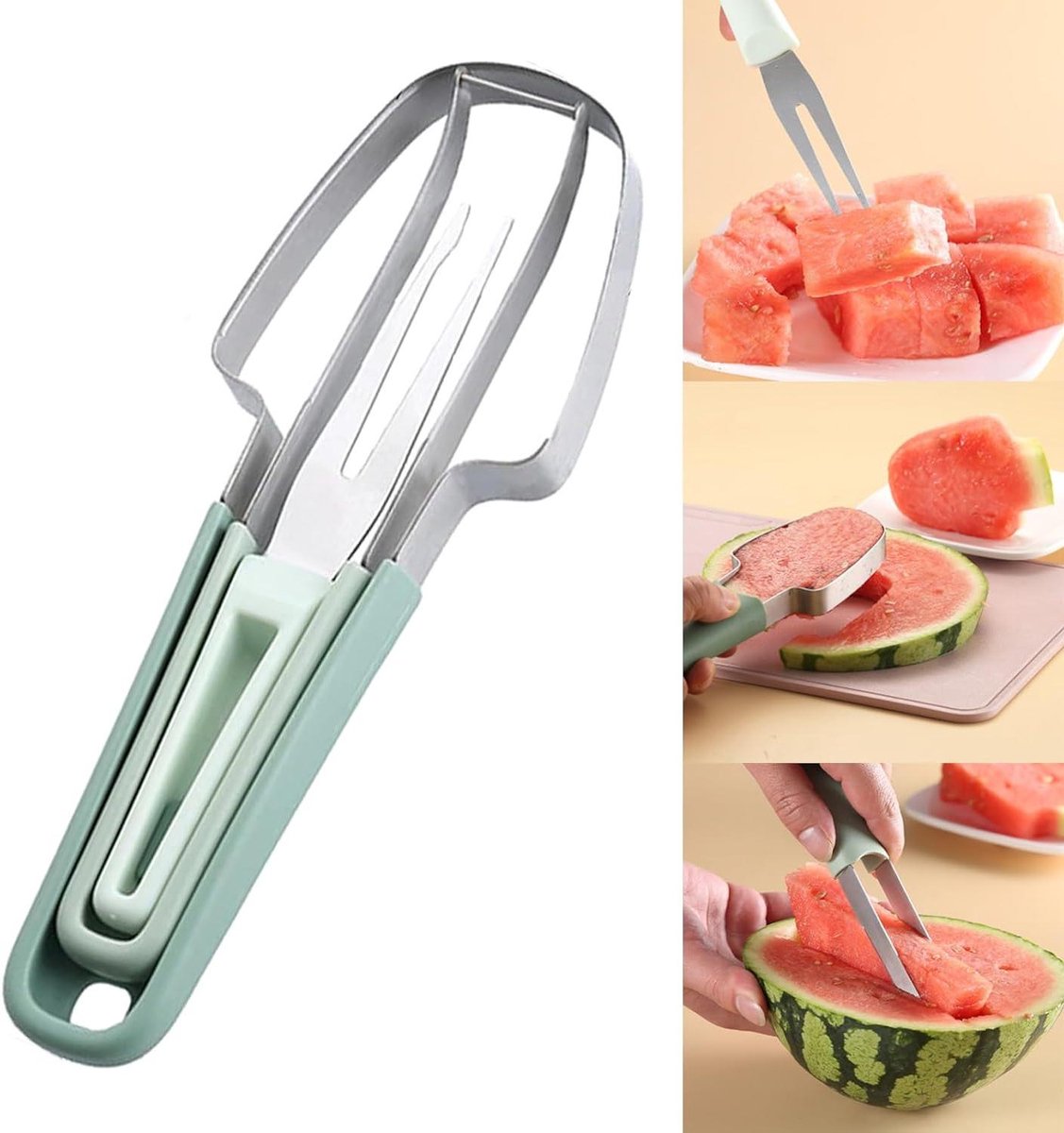 Cosensi - Watermeloensnijder RVS 3-in-1 met Fruitvorken - Voor Thuis, Feest en Camping