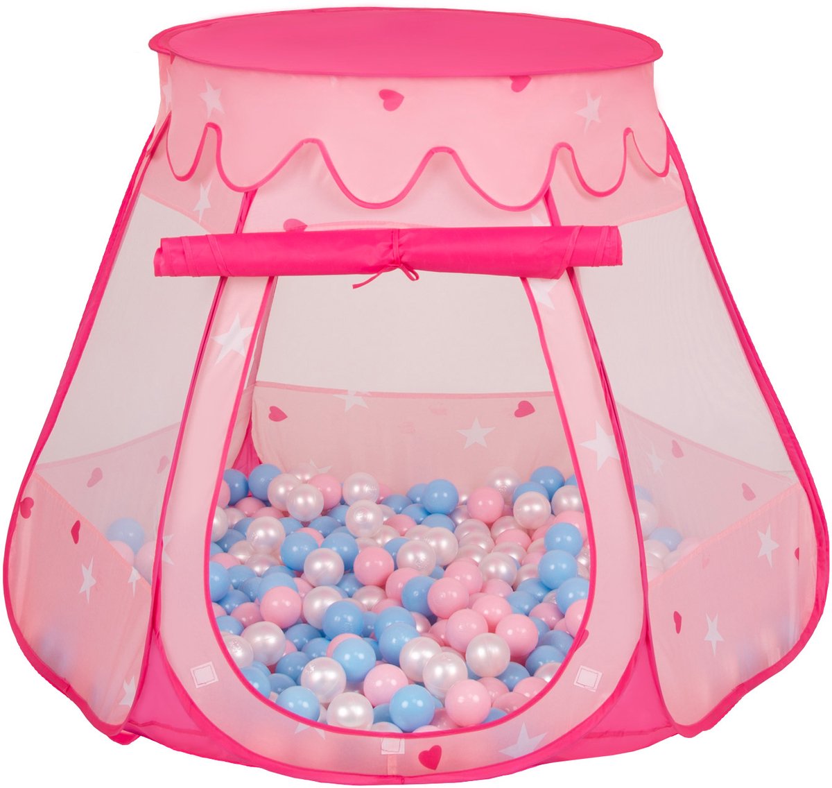 Selonis Jongens en Meisjes Kasteeltent voor Kinderen met 300 ballen - Snel Opvouwbaar met Afneembaar Dak en Ademend Gaas - Buitenspeelgoed en Binnenhuis Plezier met Opbergtas - roze:babyblauw-poederroze-parelmoer