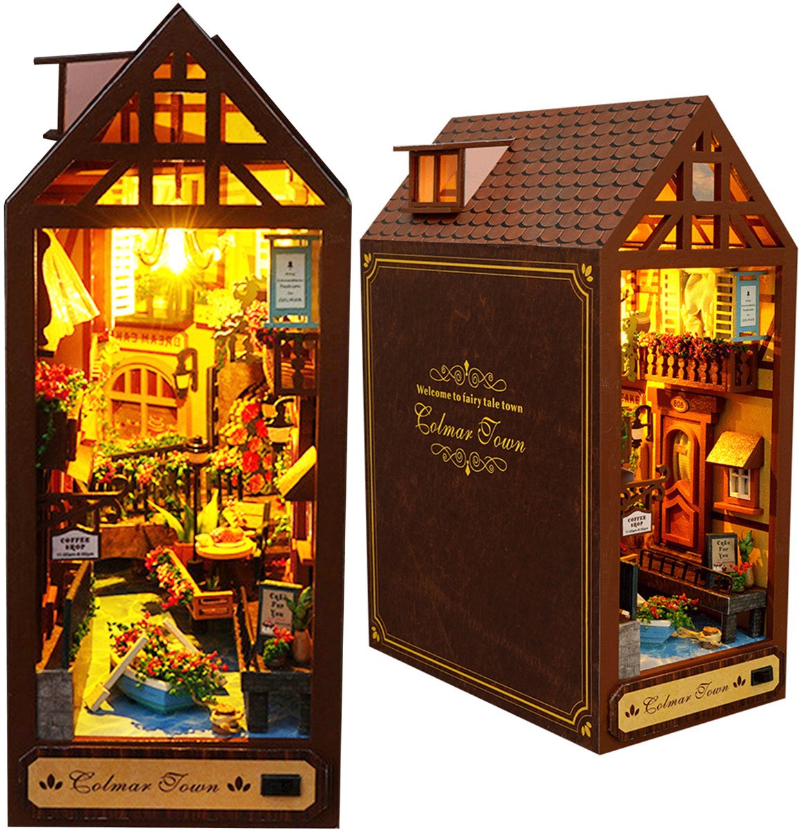 OKWISH Houten Modelbouw Houten Bouwset – DIY Book Nook Met LED-Licht – Miniatuur Boekhuis Voor Decoratie – Natuurlijke Houtkleur – 22,5×19×8 cm
