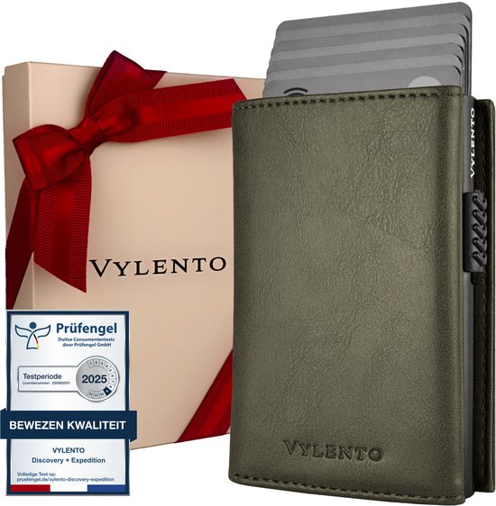 Vylento - Premium Porte-cartes Extensible - RFID Porte-cartes Hommes & Femmes avec Portefeuille - 12 pasjes - Compartiment Monnaie avec Fermeture Éclair et Porte-billets - Expedition Olive Vert