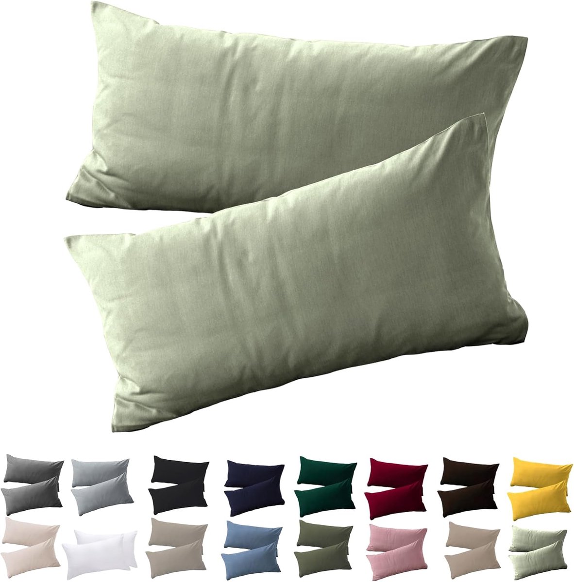 Famanu Kussenslopen, set van 2 stuks, hoofdkussenslopen, voor kussens van 40 x 60 cm, van microvezel, resistent, met ritssluiting, 40 x 60 cm, saliegroen