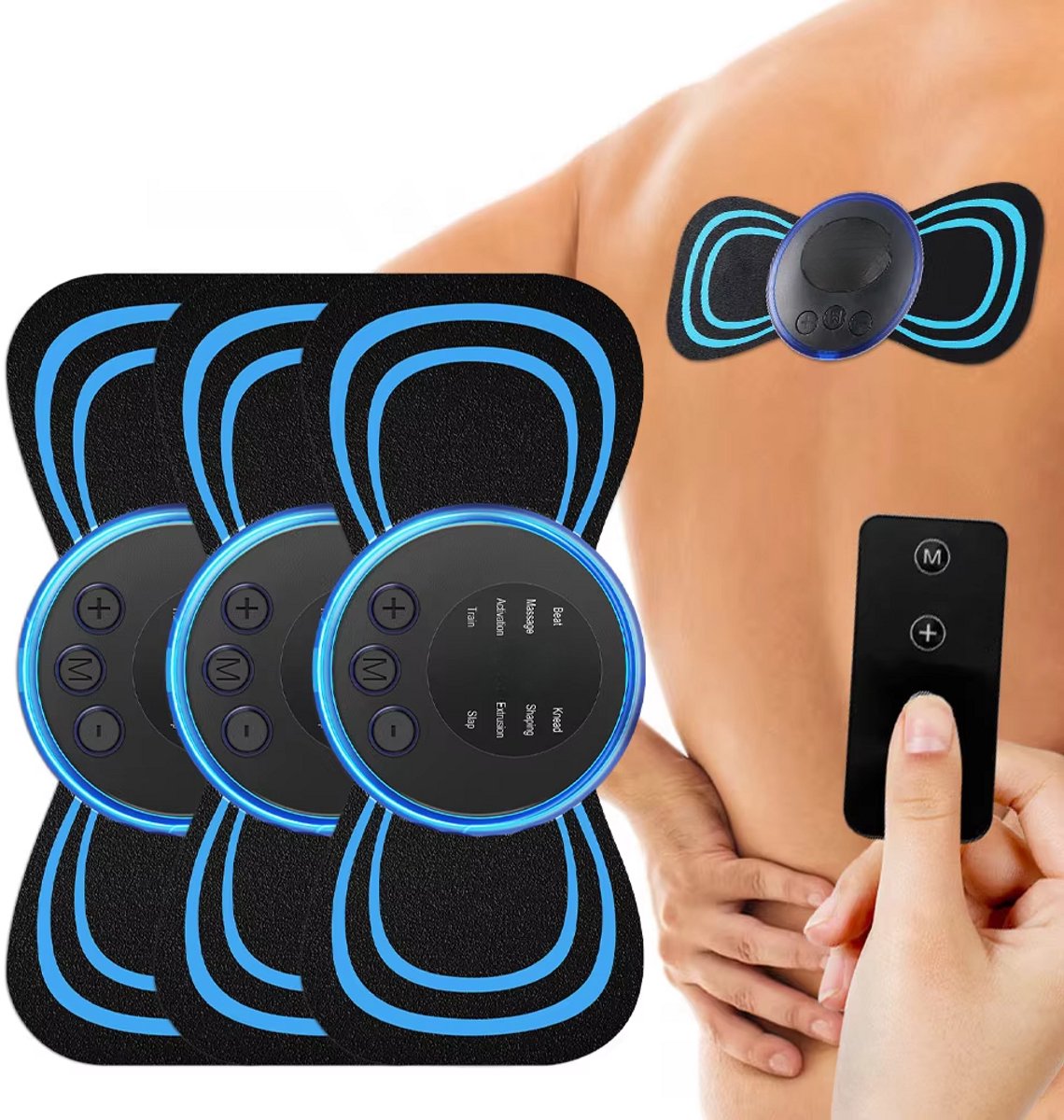 Draagbare elektrische EMS mini-nekmassager met 8 standen, waaronder nek- en schoudermassage en spierstimulatie.