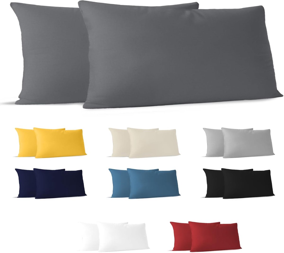 Famanu Kussensloop (set van 2) – antraciet katoen – voor kussens 40 x 80 cm – 100% jersey katoen – beddengoed dubbel bed kussensloop – kussenbeschermer – bestendig