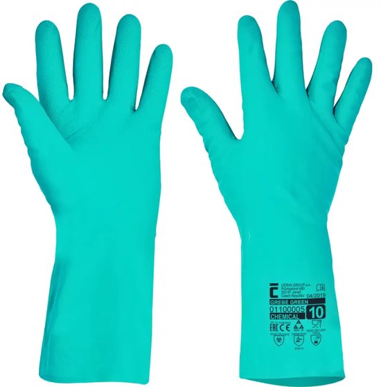 Turquoise nitril werkhandschoenen, maat 7/S, met tekst 'GREBE GREEN CHEMICAL 10'.