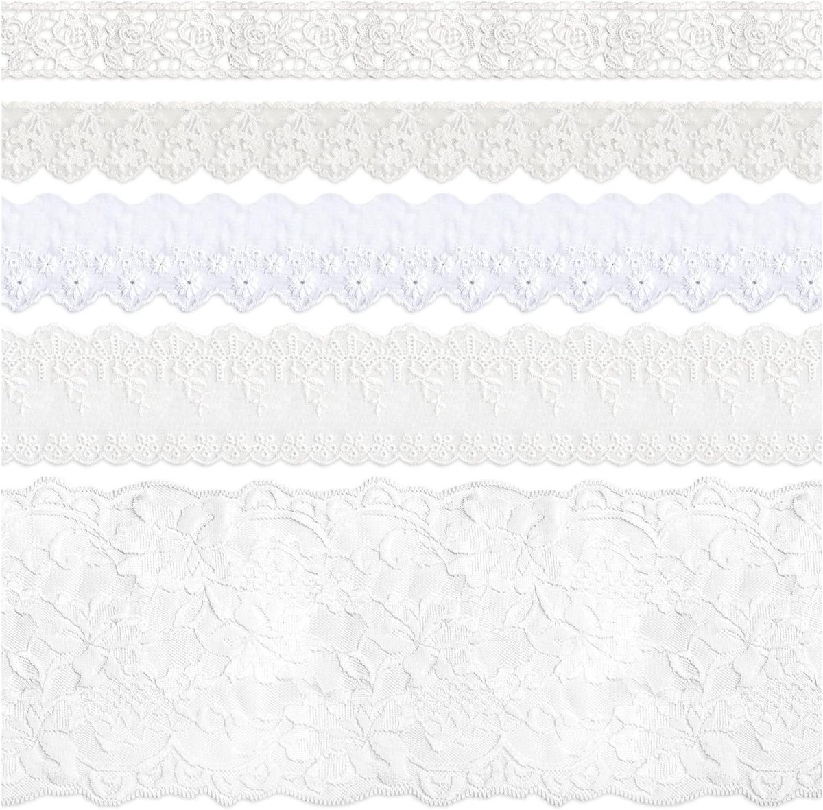 Cosensi - Premium wit katoen kant lint voor DIY naaien en knutselen - 5 packs met 5 ontwerpen - 2 yards per pack - decoratief gehaakt trimmen - ideaal voor bruiloft, scrapbooking en inpakken