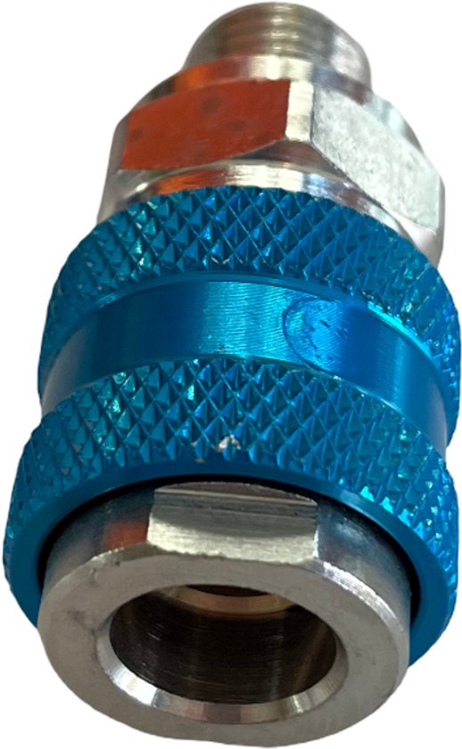 Messing snelkoppeling met blauwe, geribbelde mouw en 1/4" uitwendige schroefdraad.