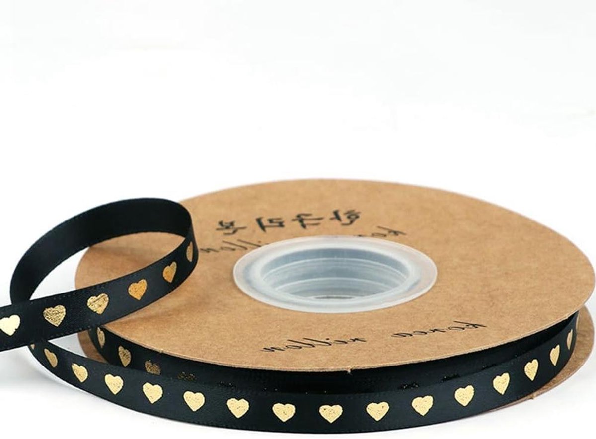 Cosensi - Satijnen lint 45 m x 10 mm met hartprint voor doe-het-zelf knutselen en geschenkverpakking - decoratief en goudkleurig