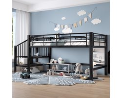 Pugsdrly Halfhoog mezzaninebed 90 x 200 met opbergtrap, zwart