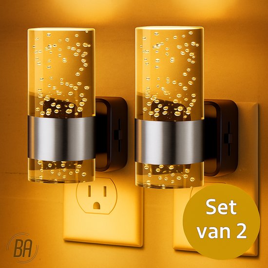 Set van 2 glazen nachtlampjes met bubbels en zilveren band, stekkers.