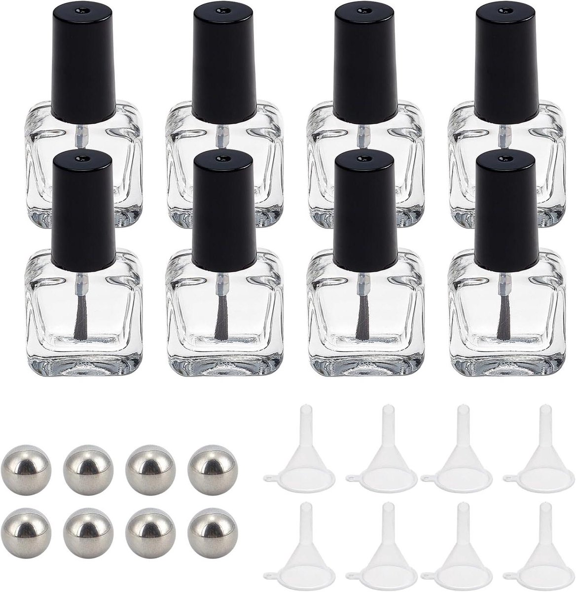 EGoods - Set van 8 lege glazen nagelriemolie flesjes met borsteldop en trechter - Navulbare reiscontainers voor nagelkunst.