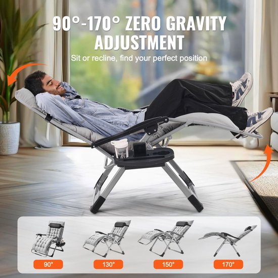 Zero Gravity Stoel - Verstelbare Ligstoel - Draagvermogen 227 kg - Met Kussen en Hoofdsteun - Met Voetensteun en Bekerhouder - Voor Binnen en Buiten - Breedte 84 cm - Grijs — afbeelding 4