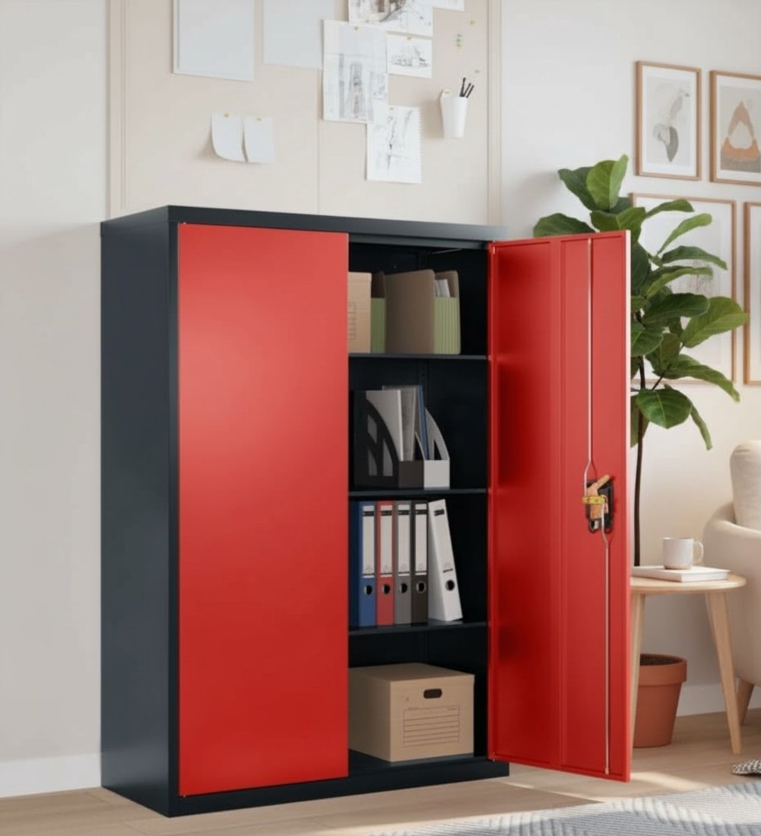 Stijlvolle Tuinkast en Opbergkast met 3 Planken – Antraciet en Rood – Stalen Outdoor Meubel 90 x 40 x 140 cm – Duurzame Tuinopslag voor Gereedschap, Accessoires en Buitenbenodigdheden
