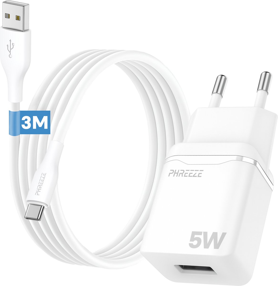Phreeze usb lader 5V 1A - Usb C naar usb kabel 3m - Usb stekker voor gsm tablet accessoires - Universele usb oplaadblokje 5w