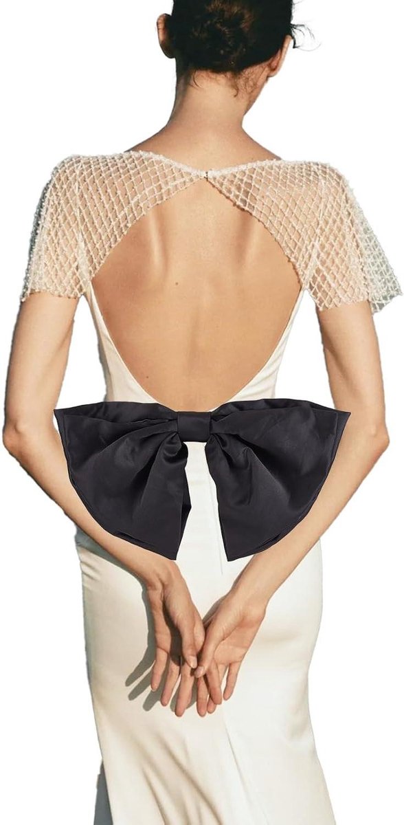 EGoods - Satijnen Boog Terugstrap voor Bruidsjurk - Grote Afneembare Homecoming Jurk met Zwarte Taille Riem - Formeel en Elegant - Zwart, 40 x 26 cm