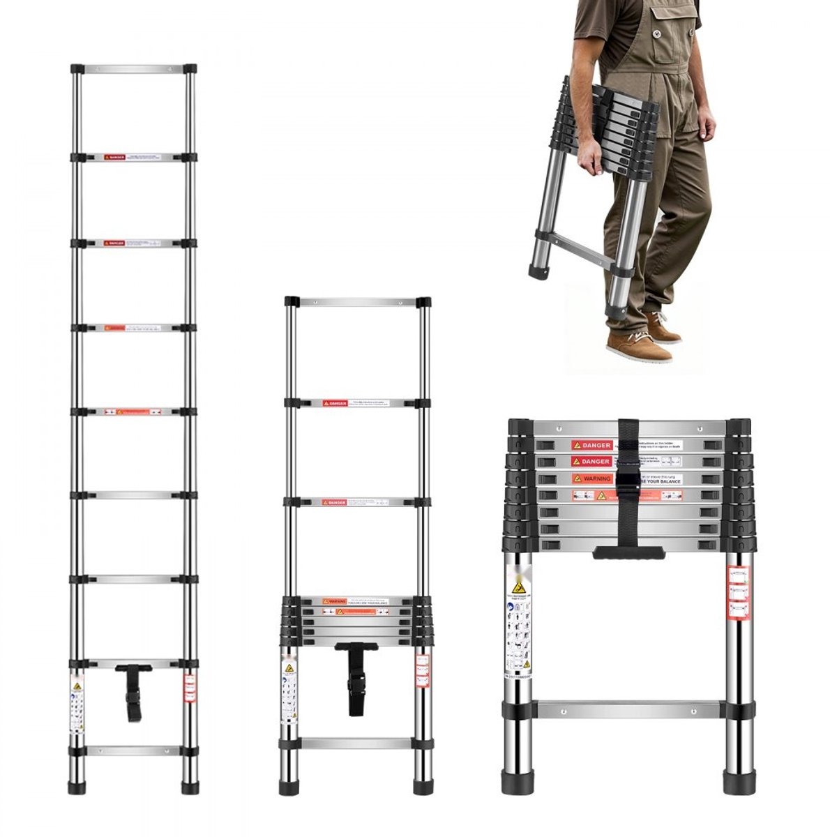 Telescopische Ladder - Uitschuifladder - Lengte 254 cm - RVS - Opvouwbaar - Draagvermogen 150 kg - 9 Treden - Antislipvoeten