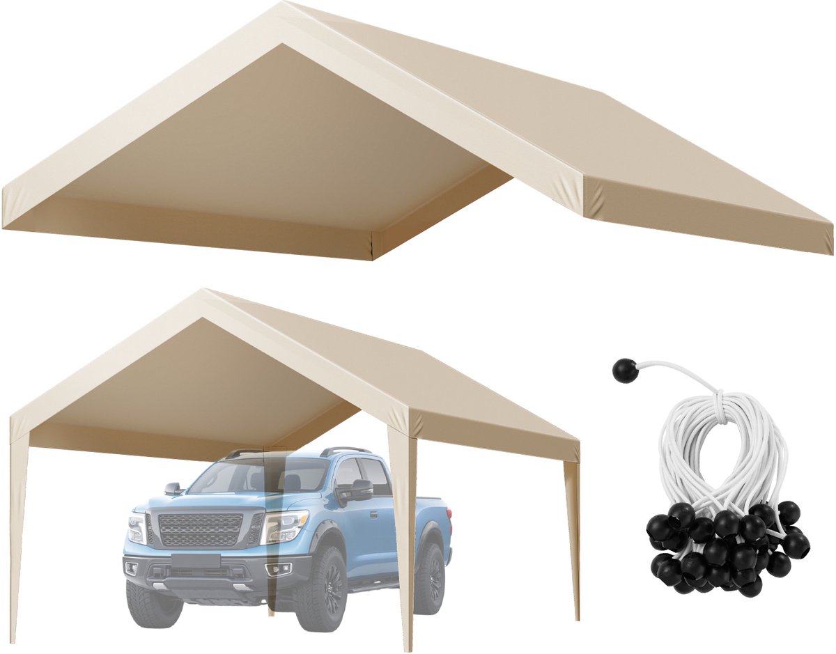 VEVOR Carport Vervangend Dak, 3,65x6,09 M, Draagbare Garage Tent Cover, Uv-Bestendige Carport Cover met Ball Nets, Beige, Frame Niet Inbegrepen