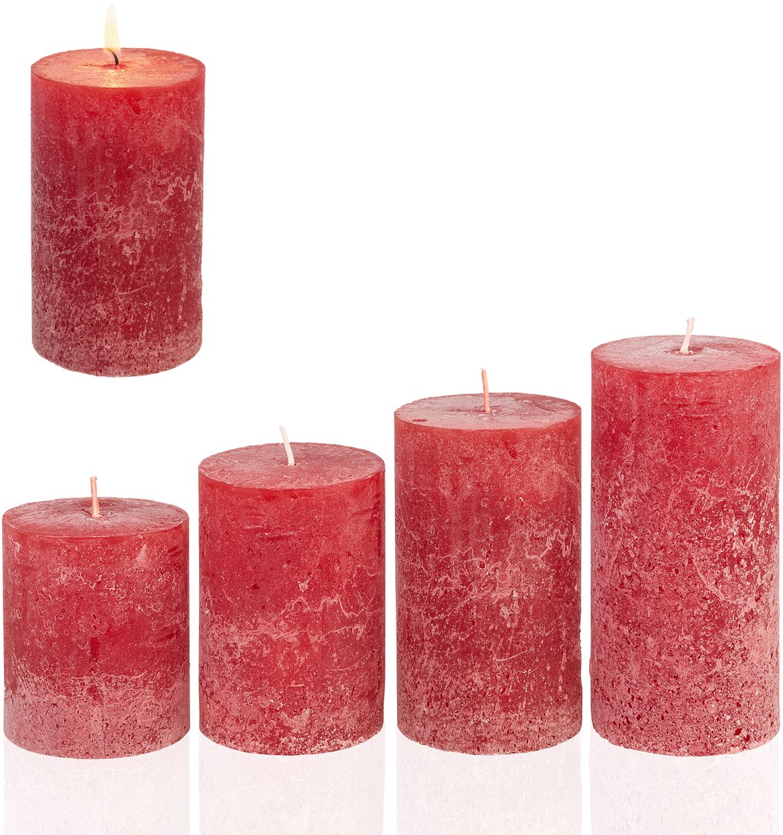 Candelo 4-delige set rustieke kaarsen Ambiente Kerst – adventskranskaars rustiek – rood / red – 8/10/12/14 cm – rode stompkaars advent kerstkaars