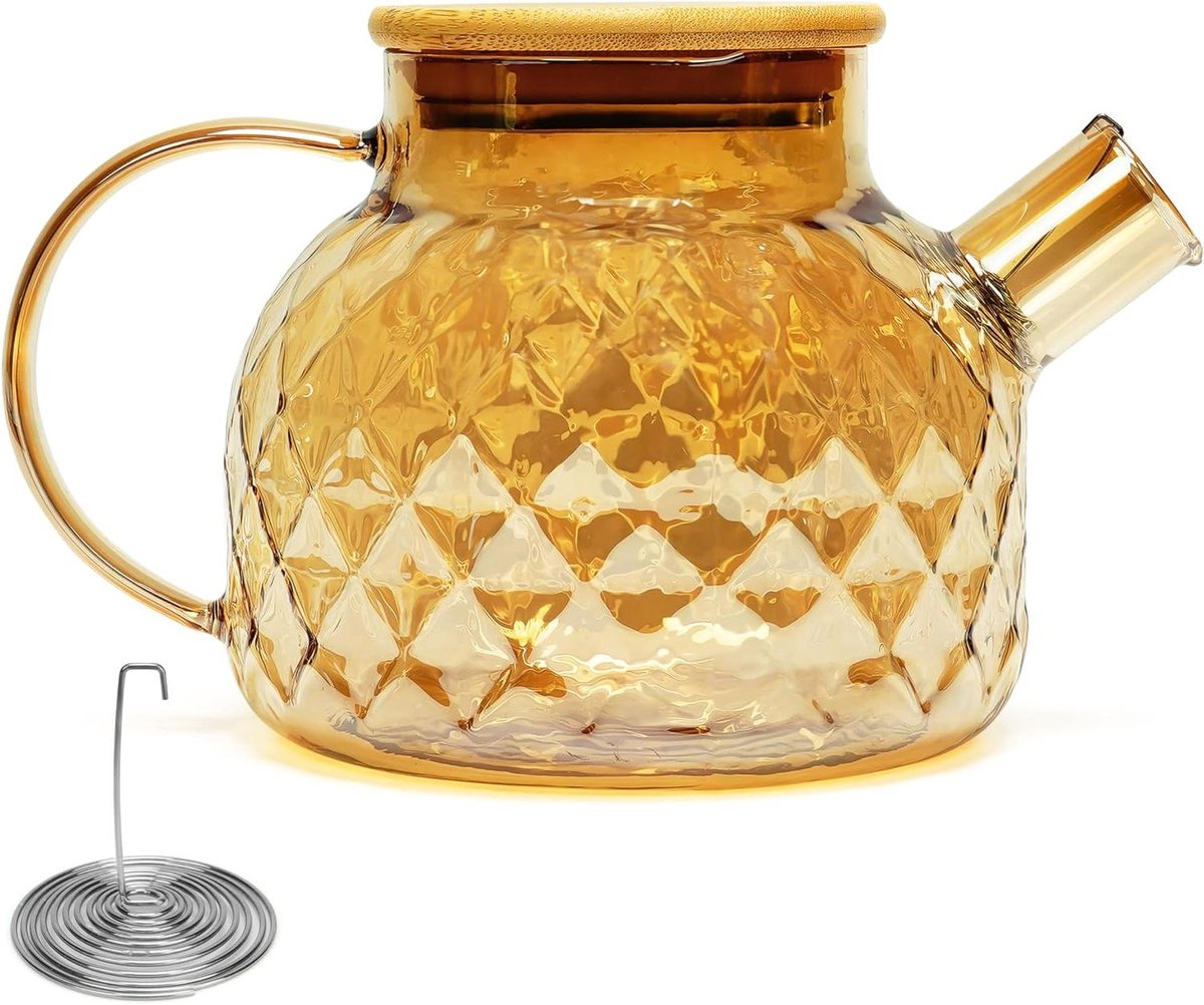 EGoods - Getextureerde glazen theepot 1 liter met bamboe deksel en verwijderbaar filter - Laatbodem veilige ketel voor losse bladeren en theebloemen