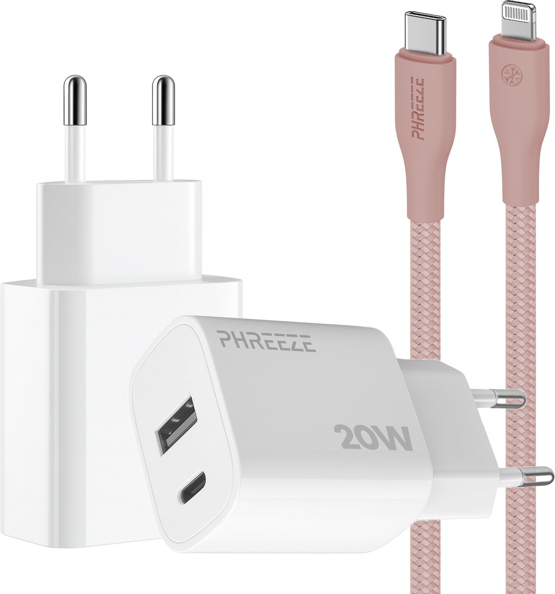 Phreeze usb C adapter 20 W roze met kabel geschikt voor iPhone 15 14 13 en iPad met Lightning kabel - Power Delivery snellader met 2 poorten