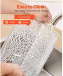 Handen maken een transparante, getextureerde glazen drankdispenser schoon onder een kraan. Tekst: 'Easy to Clean', 'Food-Grade Glass', 'No BPA', 'Durable'.