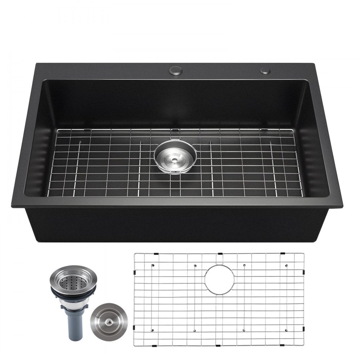 Granieten keukenspoelbak - Opbouwmodel - Afmeting 83,8 x 55,9 x 22,2 cm - Landelijke stijl - Met accessoires - Zwart
