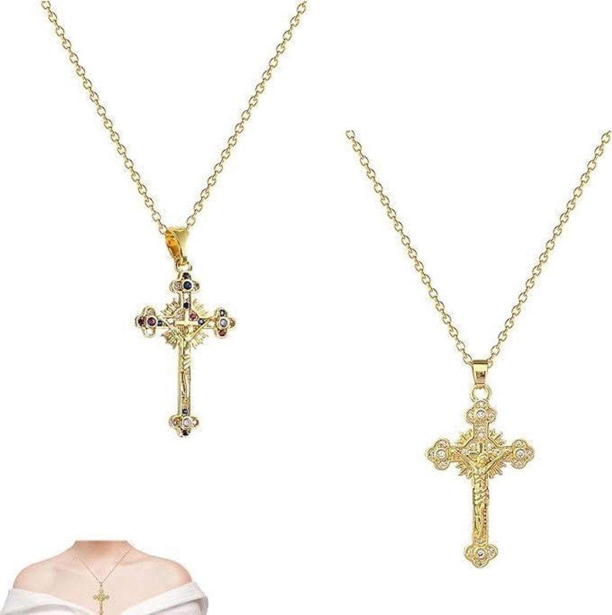 EGoods - Ketting met kruis, gouden kleur, vintage stijl, 2 hangers, 20mm en 30mm - Halloween accessoire, geschikt voor elke gelegenheid
