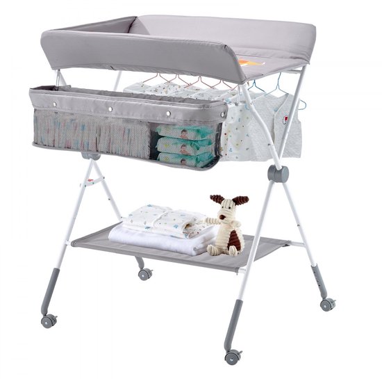 Baby Aankleedtafel / Verschoontafel - Opvouwbaar - 2 Stoffen Lades - Zijmand & Kledingstang - In Hoogte Verstelbaar - Vergrendelbare Wielen - Lichtgrijs