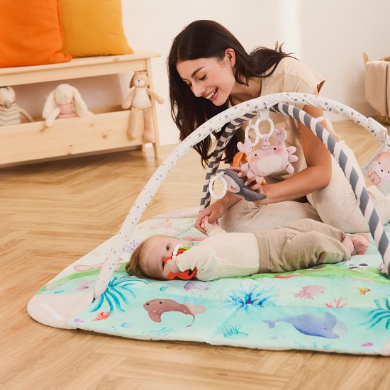 Lionelo Anika Plus 2-in-1 Babygym & Speelkleed – Met Verhoogde Randen (Boxfunctie) – Inclusief Tummy Time Kussen, Interactief Boekje & 5 Speeltjes – 115x110 cm