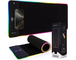 Brightly® 2-in-1 RGB Gaming Muismat XXL - Draadloze Oplader - RGB LED Verlichting Muismat - USB - Antislip Muismat - 80 cm x 30 cm - Gaming Muismat - Met Verlichting - Waterproof - Extra Breed en Lang - Zwart