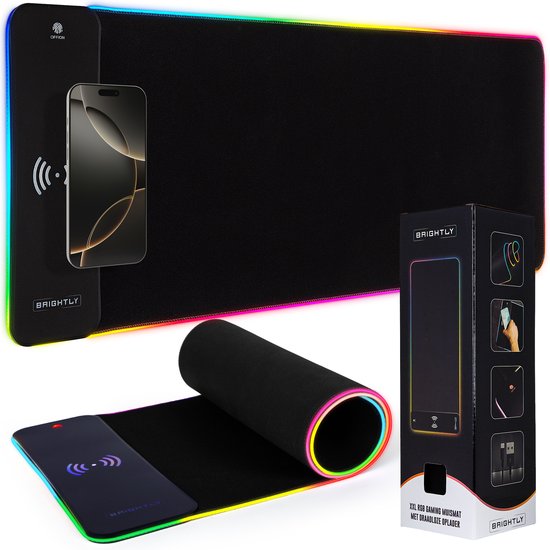 Brightly® Tapis de souris Gaming RGB 2 en 1 XXL - Chargeur sans fil - Tapis de souris Siècle des Lumières LED - USB - Tapis de souris antidérapant - Étanche - Extra large et long - Zwart