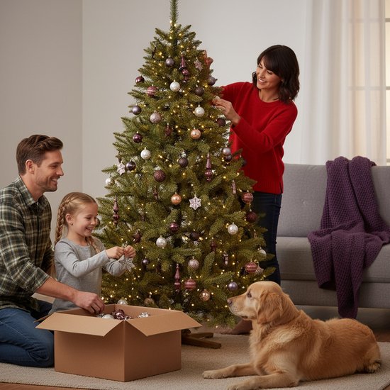 Gezin versiert kerstboom met kersthuis hond en decoraties.