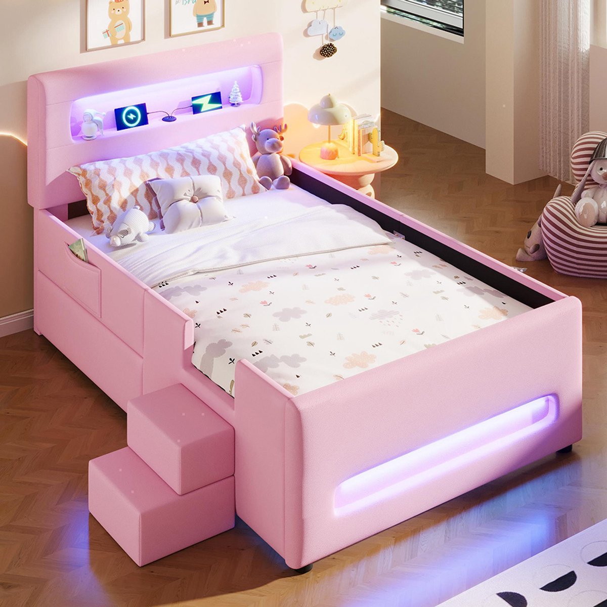 Pugsdrly Gestoffeerd platformbed (90 x 200 cm) met trap, lades, led-verlichting en opbergvakken, roze