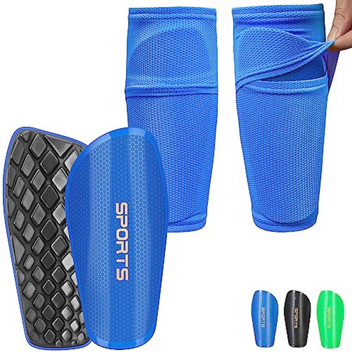 Voetbal scheenbeschermers met antislip en sok, blauw, L