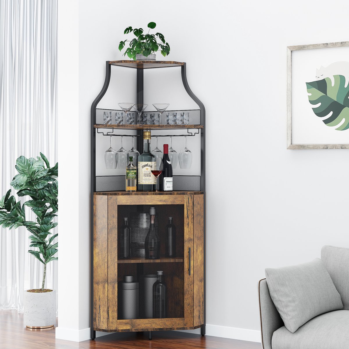 Brisakys - Hoekbarkast - Wijnkast - Industrieel - Metaal - Gaasdeuren - Verstelbare Plank - Anti-Kantelset - 45x45x150cm - Rustiek Bruin – foto 3