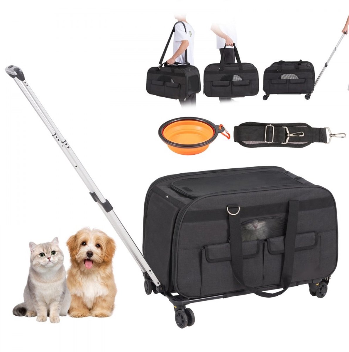 Hondentrolley / Huisdierentrolley - Transporttas op Wielen - Opvouwbaar - Rugzakfunctie - 4 Wielen - 600D Oxford - Draagvermogen 15,8 kg - Opbergvakken
