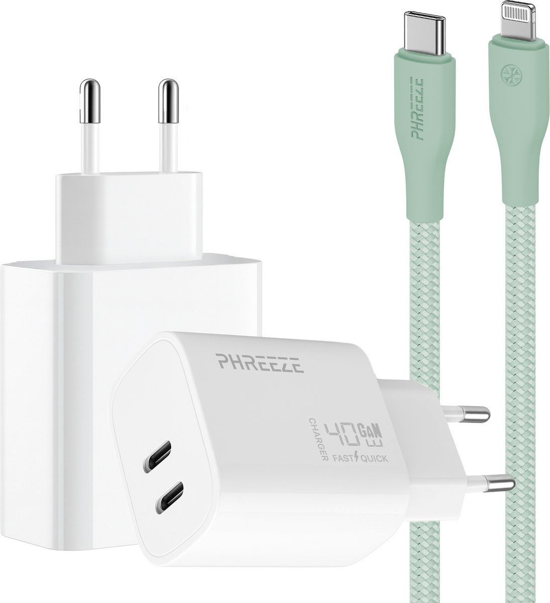 Phreeze usb C oplader geschikt voor iPhone en iPad met Lightning kabel groen - Power Delivery snellader - Met 2 usb C poorten