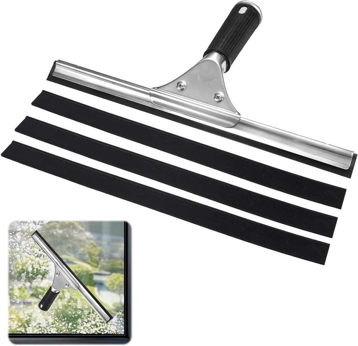 EGoods - Roestvrijstalen raamtrekker 30 cm met reserverubberlippen voor douche, badkamer, spiegel, glas en tegels.