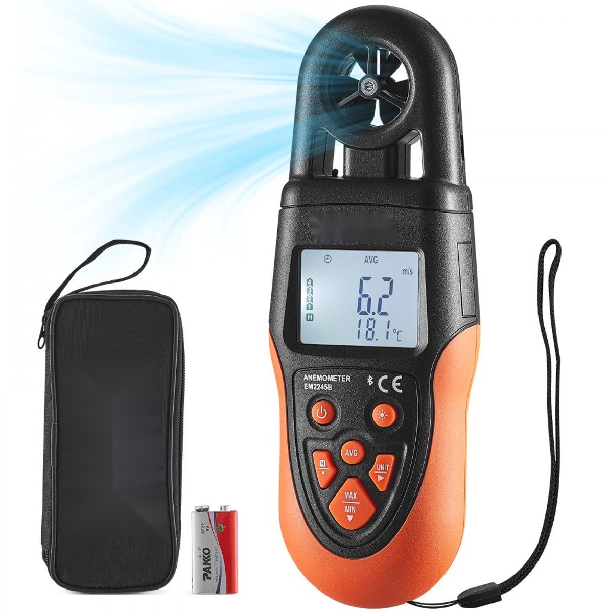 Anemometer - Luchtsnelheidsmeter/Windmeter - Bluetooth - IP44 Spatwaterdicht - MAX/MIN/AVG/CU Weergave - Meetbereik tot 126 km/u - 191x67x43 mm