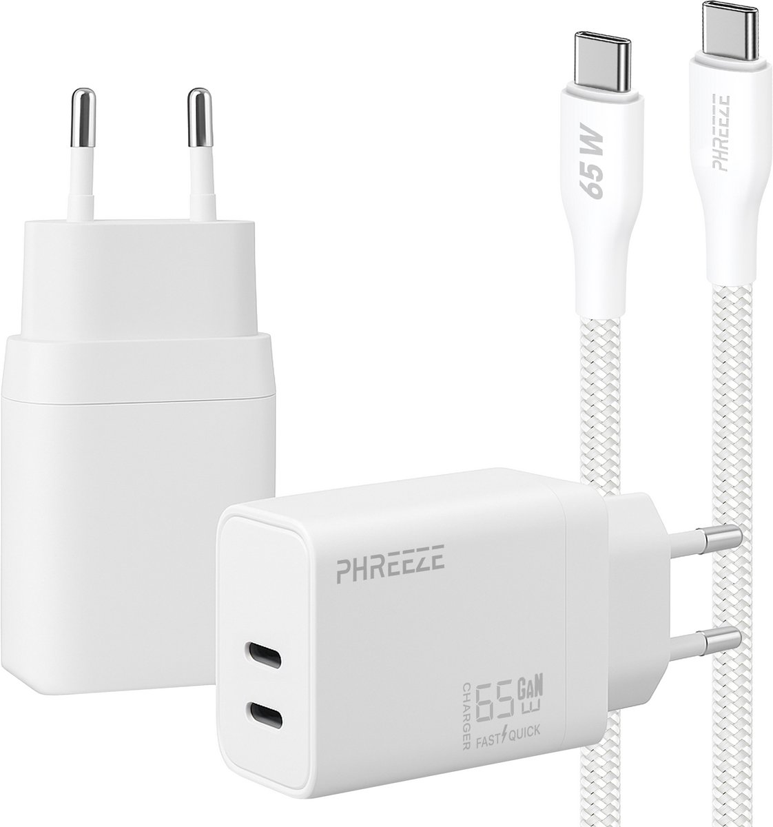 Phreeze usb C oplader 65w met usb C naar usb C kabel 1 meter - Power Delivery snellader met 2 usb C poorten voor laptop en telefoon