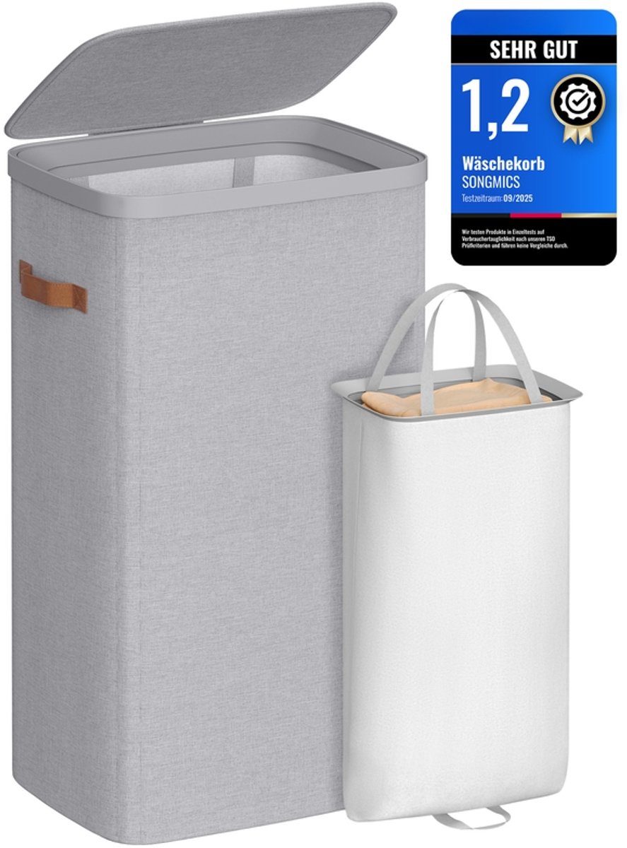 Wasmand, 100 L wasmand, met deksel en handgrepen, verwijderbare voering, eenvoudige montage, 42 x 32 x 75 cm, duifgrijs LCB811GD01