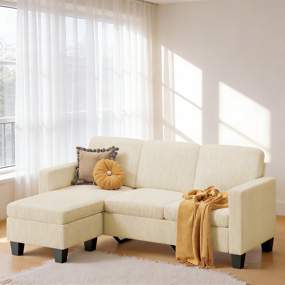 Bealife AR93 Hoekbank - L-vormige bank - Corduroy - Vierzits - 188×137×89cm - Lichtgeel