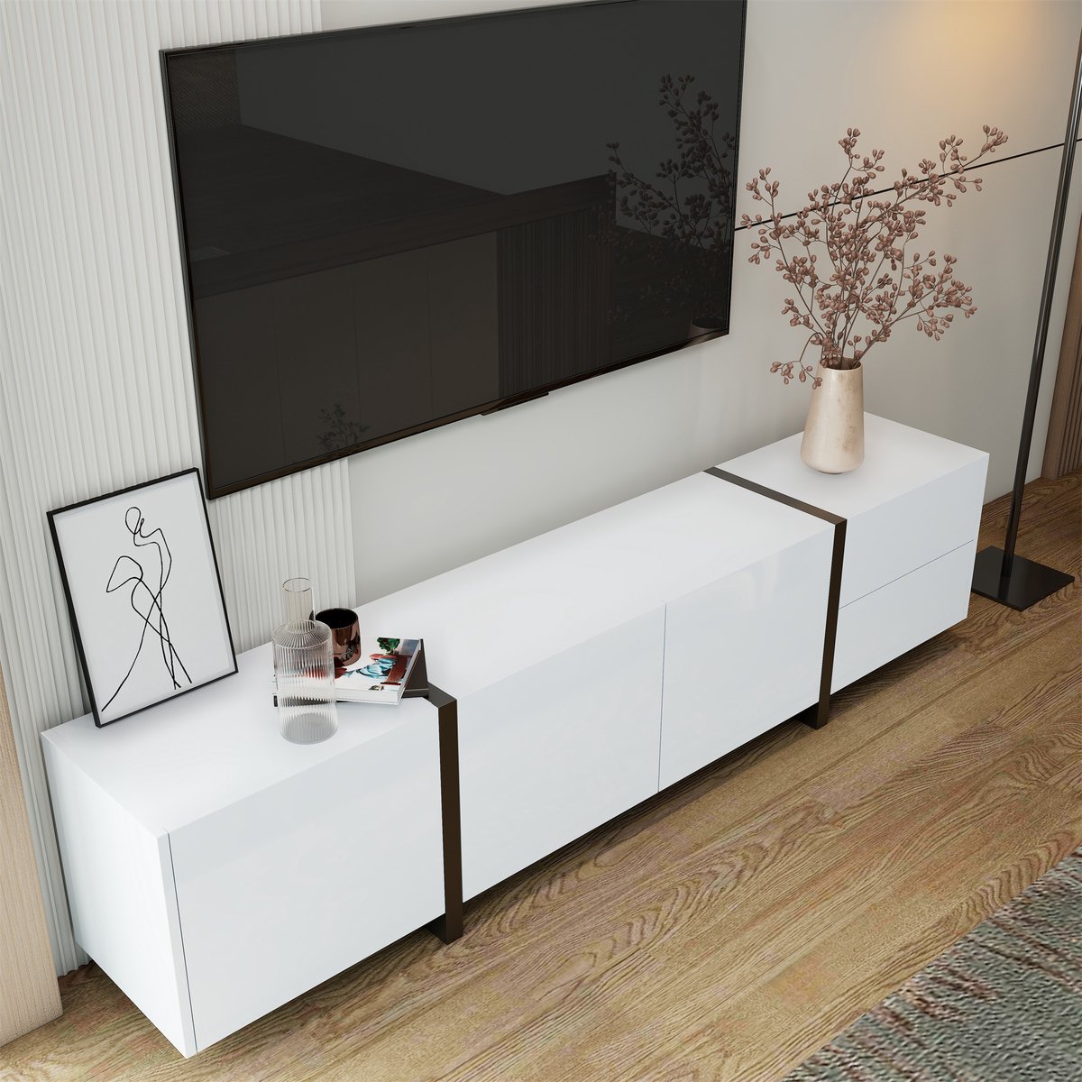 OKWISH TV-Meubel – Modern Lowboard 3 Deuren 1 Lade 1 Klepdeur – Minimalistische Stijl Met 