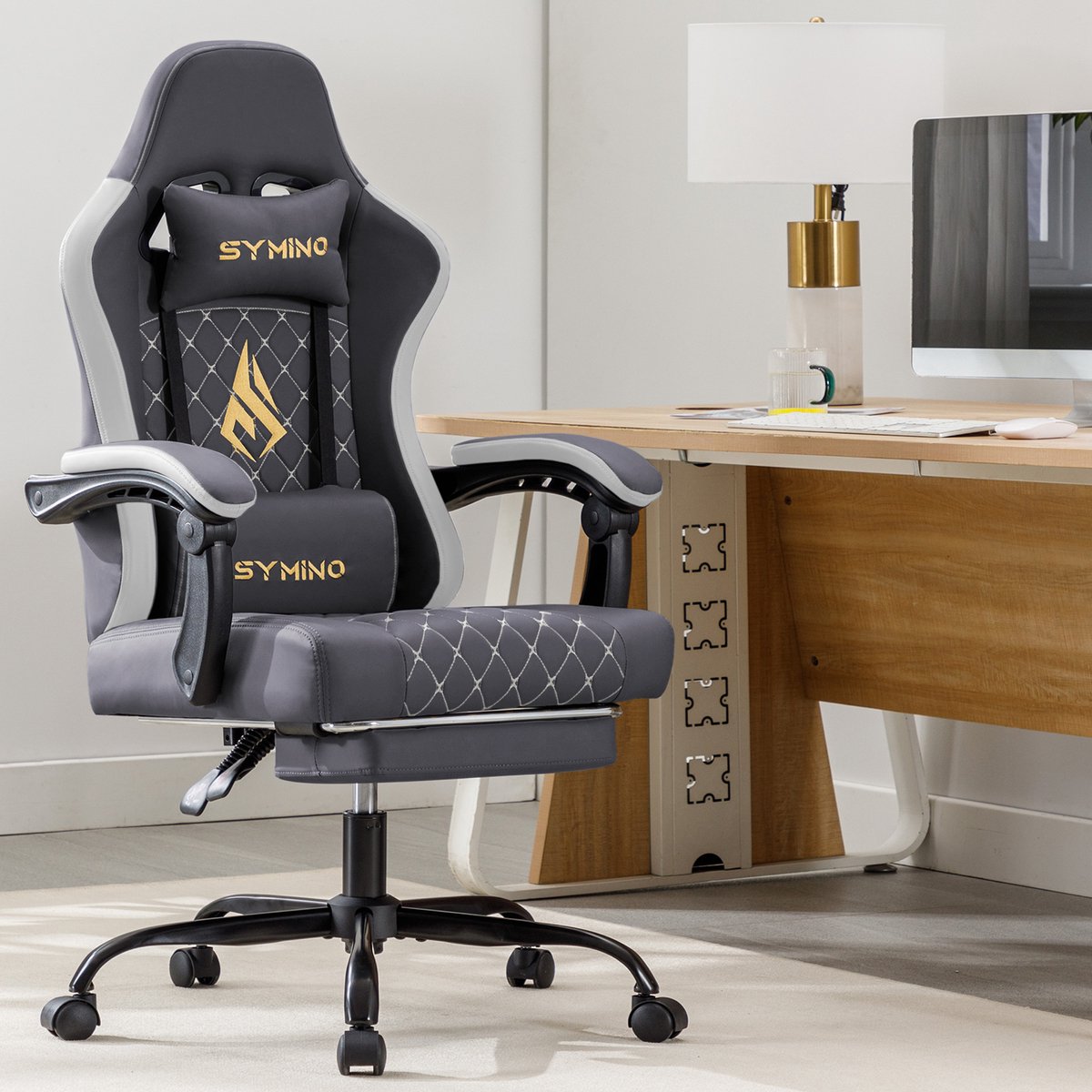 Symino FZ Gaming Stoel met Voetsteun - Ergonomisch - Grijs - afbeelding 2
