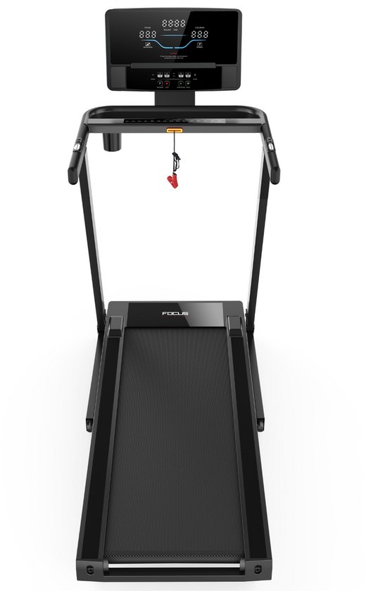 Zwarte Focus Fitness loopband met digitaal display, van voren gezien.