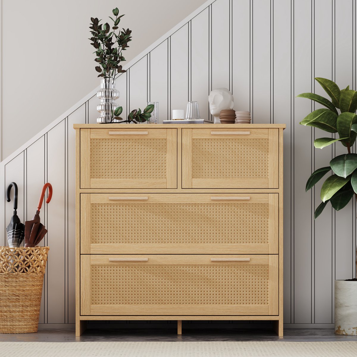 Dressoir - 80x80x38 cm - Rattan Met 4 Lades - Voor Woonkamer en Slaapkamer - Hout - Naturel