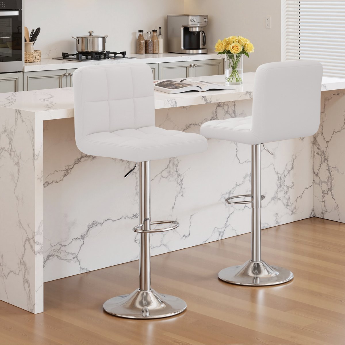 Barstoelen Set van 2 – In Hoogte Verstelbaar & Draaibaar – Barstoel met Rugleuning – Kunstleer – Met Voetensteun – Keuken Bar Stoelen–Wit