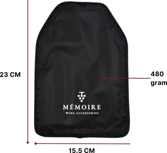 Zwarte wijnkoeler van Mémoire met afmetingen 23 cm x 15,5 cm en gewicht van 480 gram, met logo.