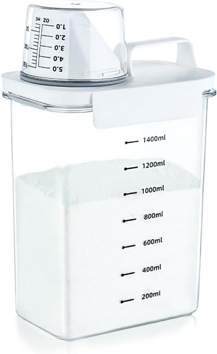 Famanu – Luchtdichte wasmiddeldispenser met maatbeker, 1800 ml multifunctionele opslag voor waspoeder en vloeibaar wasmiddel